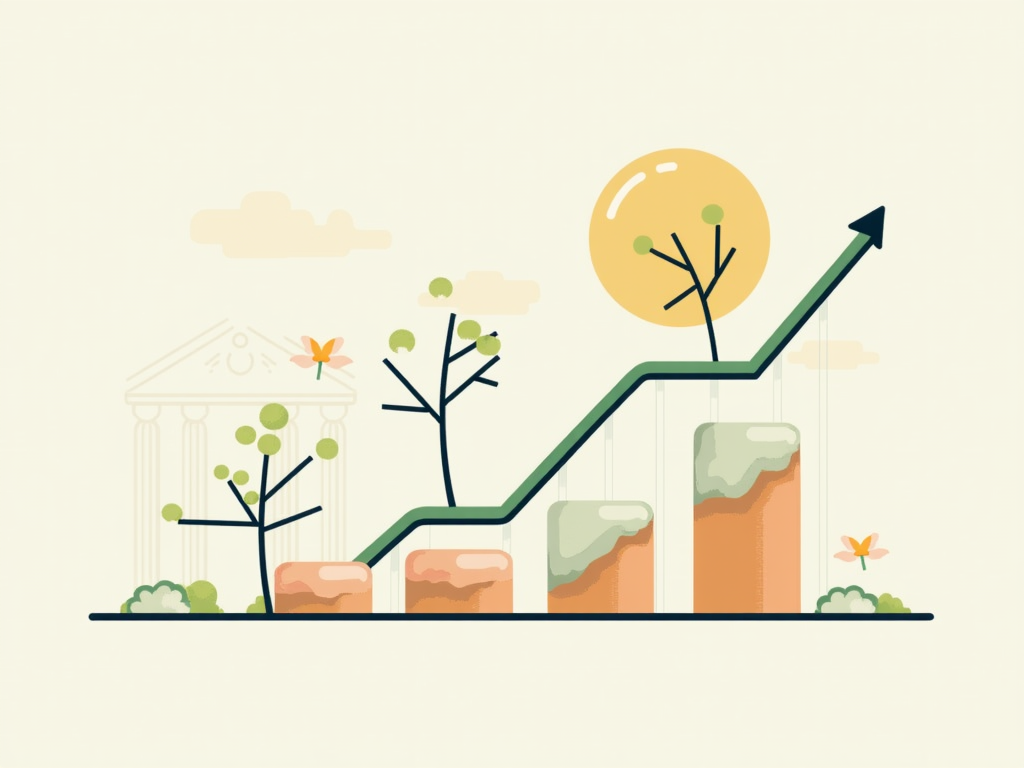 Illustration of a growth chart with trees and upward arrow