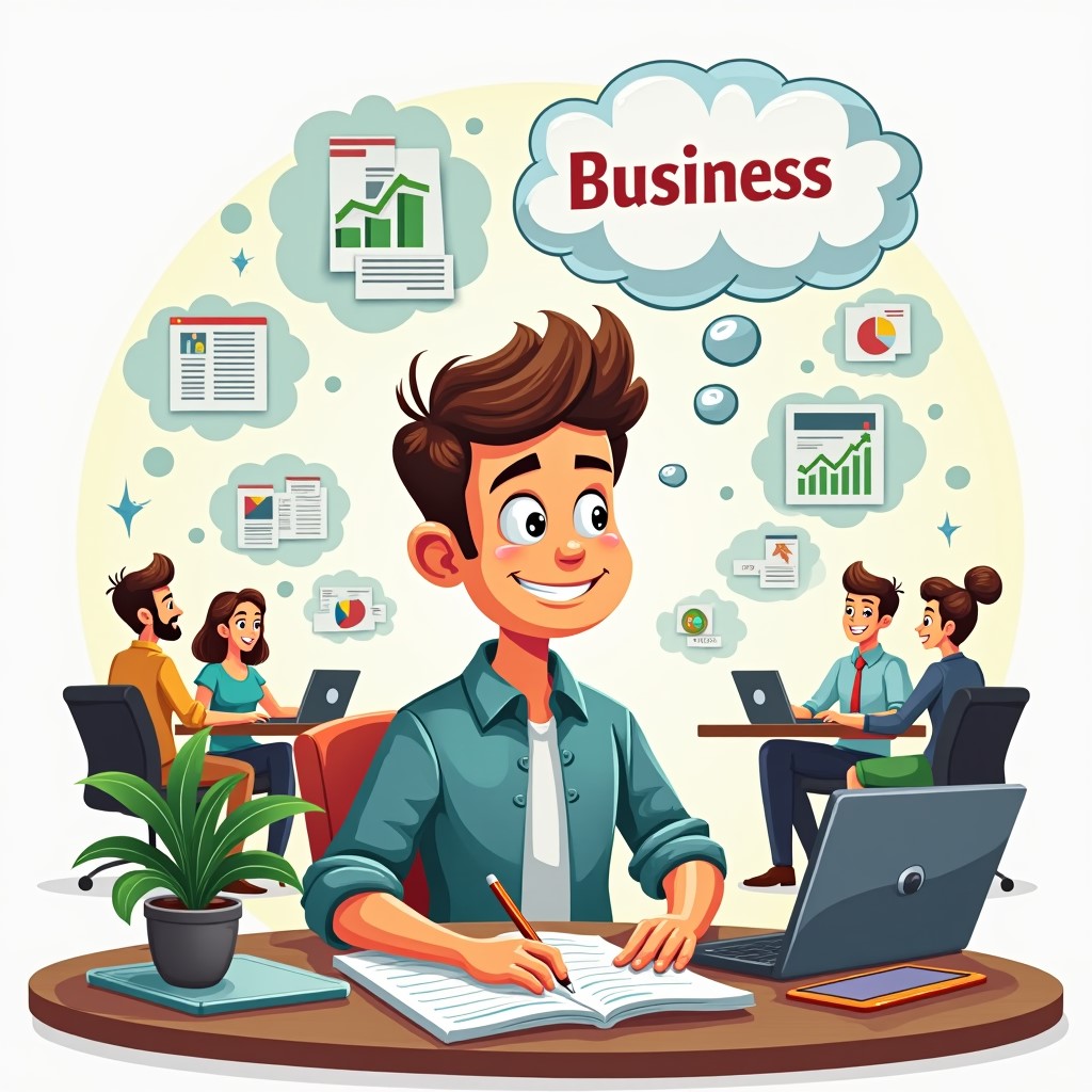 Cartoon of a young entrepreneur working at a desk, with business charts, technology, and team members brainstorming in the background.