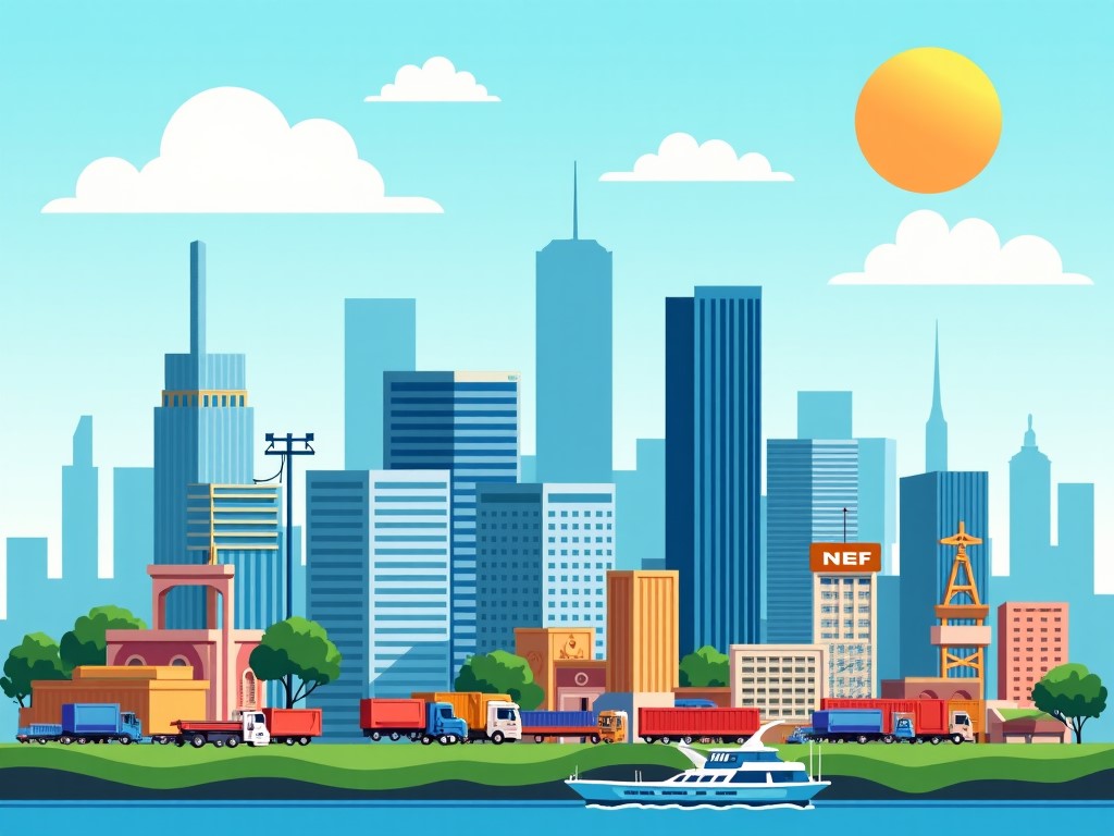 Illustrative cityscape of Los Angeles with a variety of transportation including trucks, a boat, and a vibrant skyline featuring modern buildings, a factory, and an iconic tower under a sunny sky.