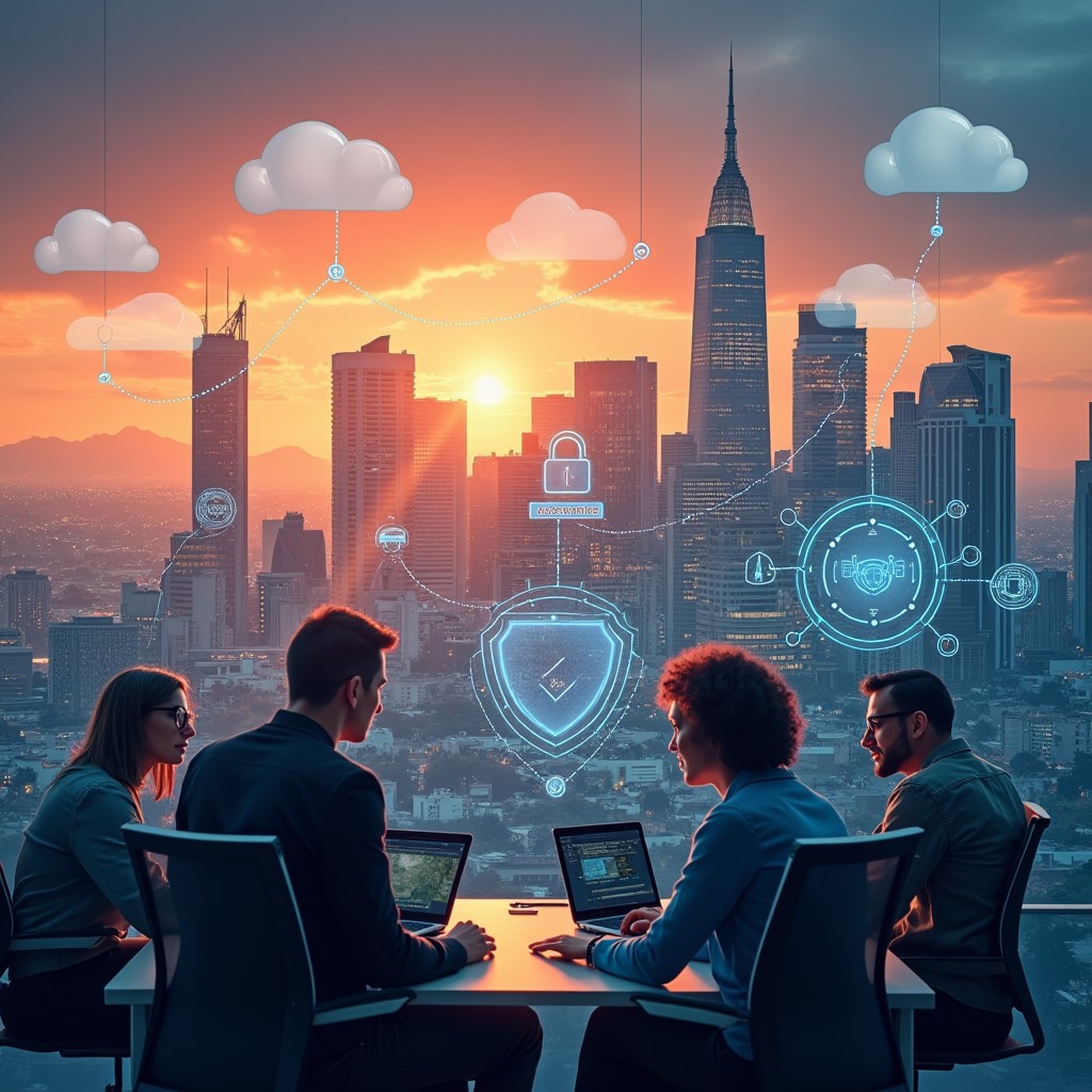 Los Angeles skyline at sunset with entrepreneurs working in a modern office setting, representing how Managed IT Services support business growth through advanced technology.